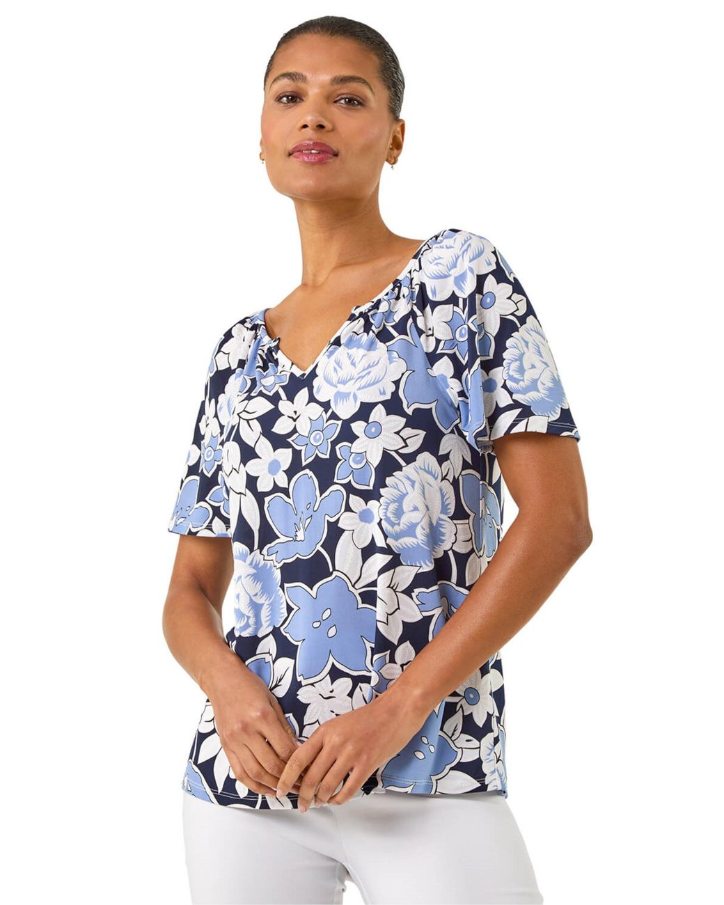 Roman Blue Floral Puff Print V-Neck Top