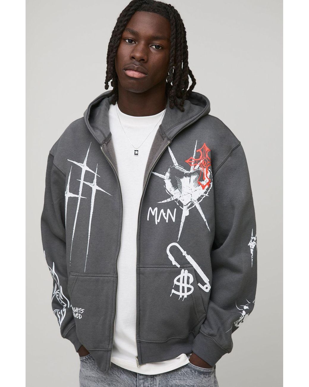 BoohooMAN Gray Charcoal Oversized Zip Through Graffiti Tattoo Printed Hoodie for men