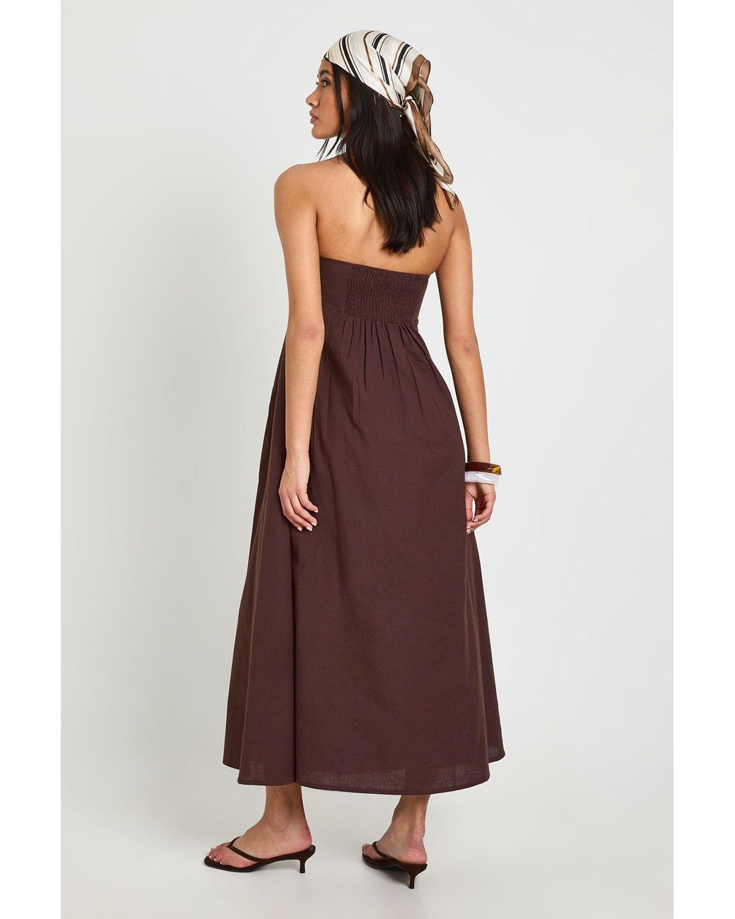 Boohoo Brown Linen Bandeau Shirred Back Midaxi Dress