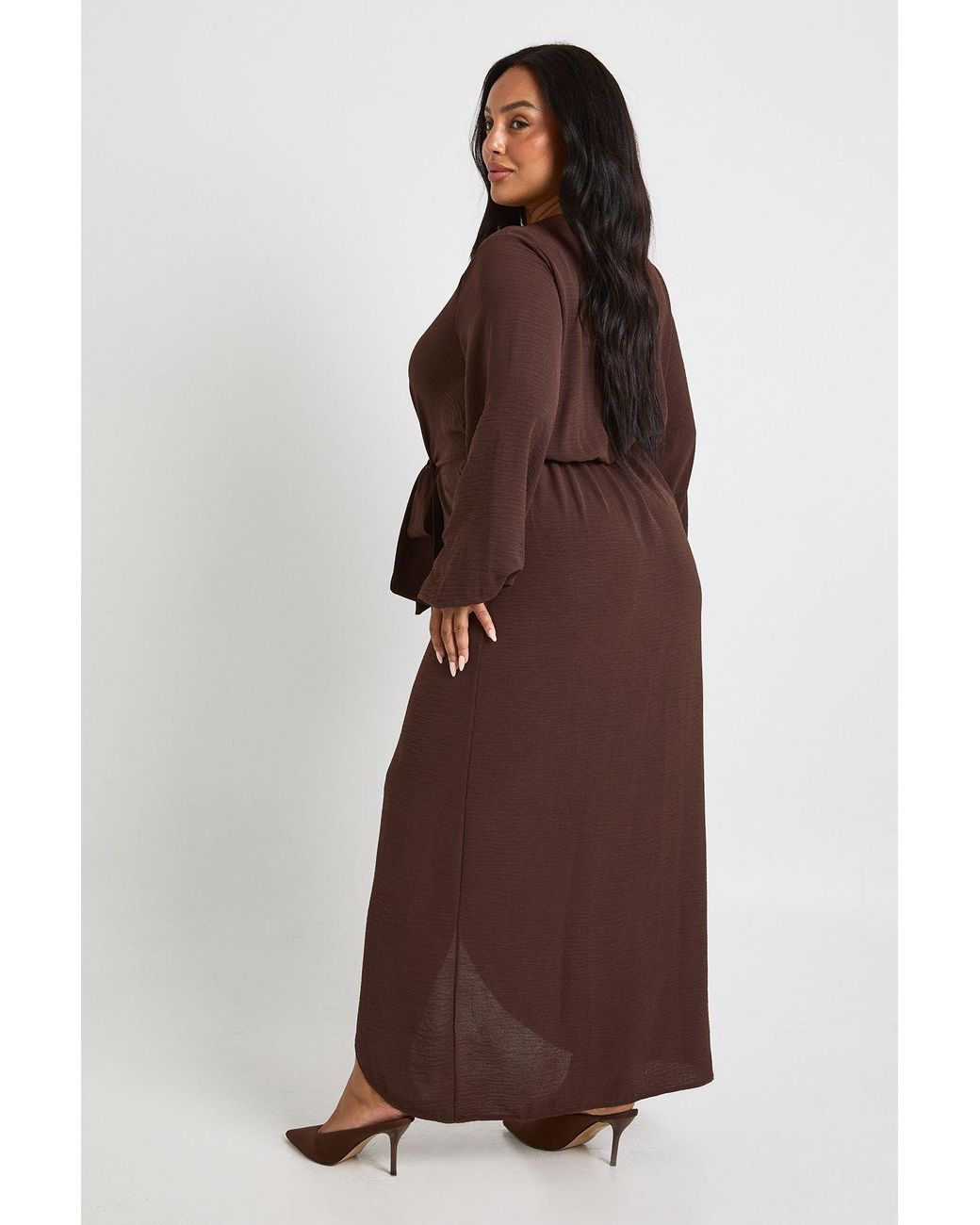 Boohoo Brown Plus Textured Tie Detail Maxi Dress