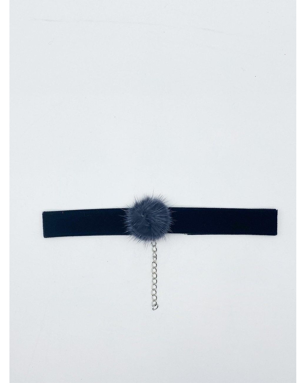 SVNX Blue Faux Velvet Band Choker Necklace With Pom Pom