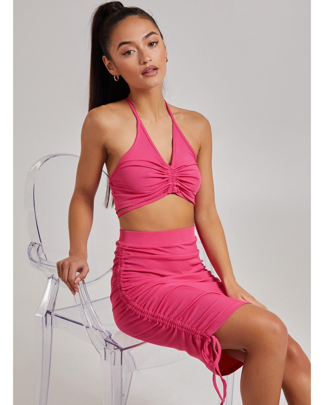 Pink Vanilla Pink Ruched Ribbed Knee Skirt
