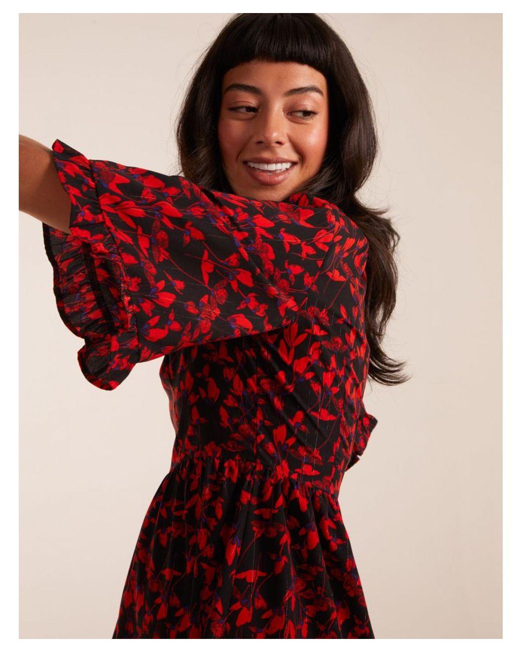 Blue Vanilla Red Floral Frill Hem Swing Mini Dress