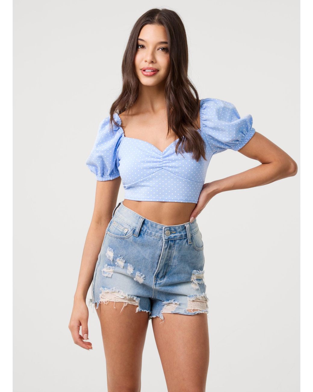 Pink Vanilla Blue Polka Dot Puff Sleeve Top