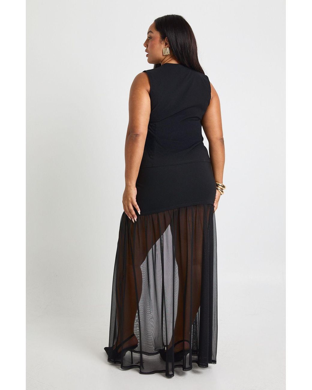 Boohoo Black Plus Button Waistcoat And Mesh Insert Skirt Co-Ord