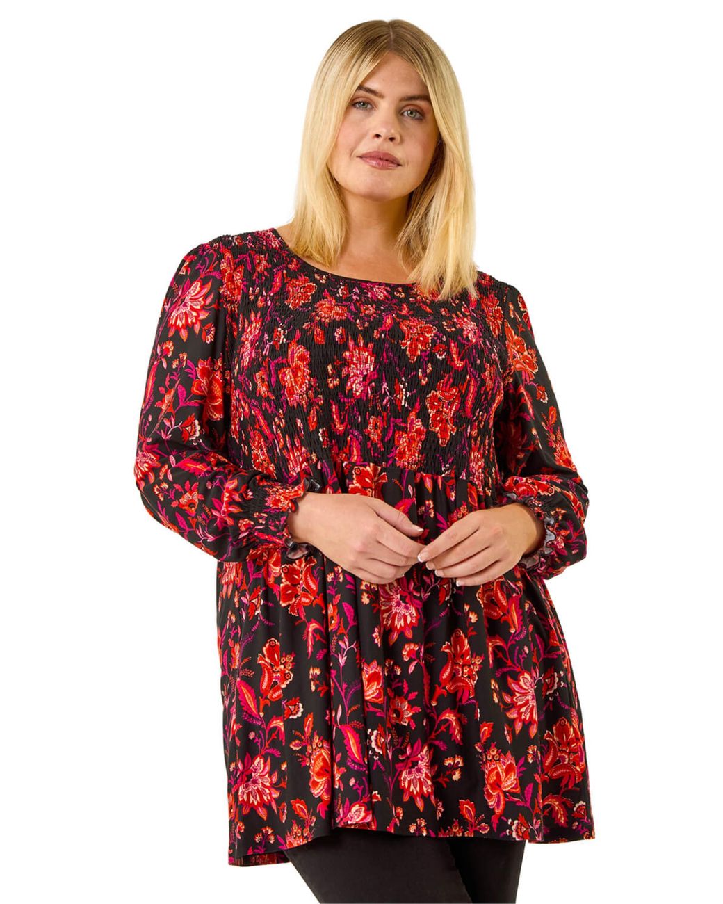 Roman Red Curve Floral Print Stretch Top