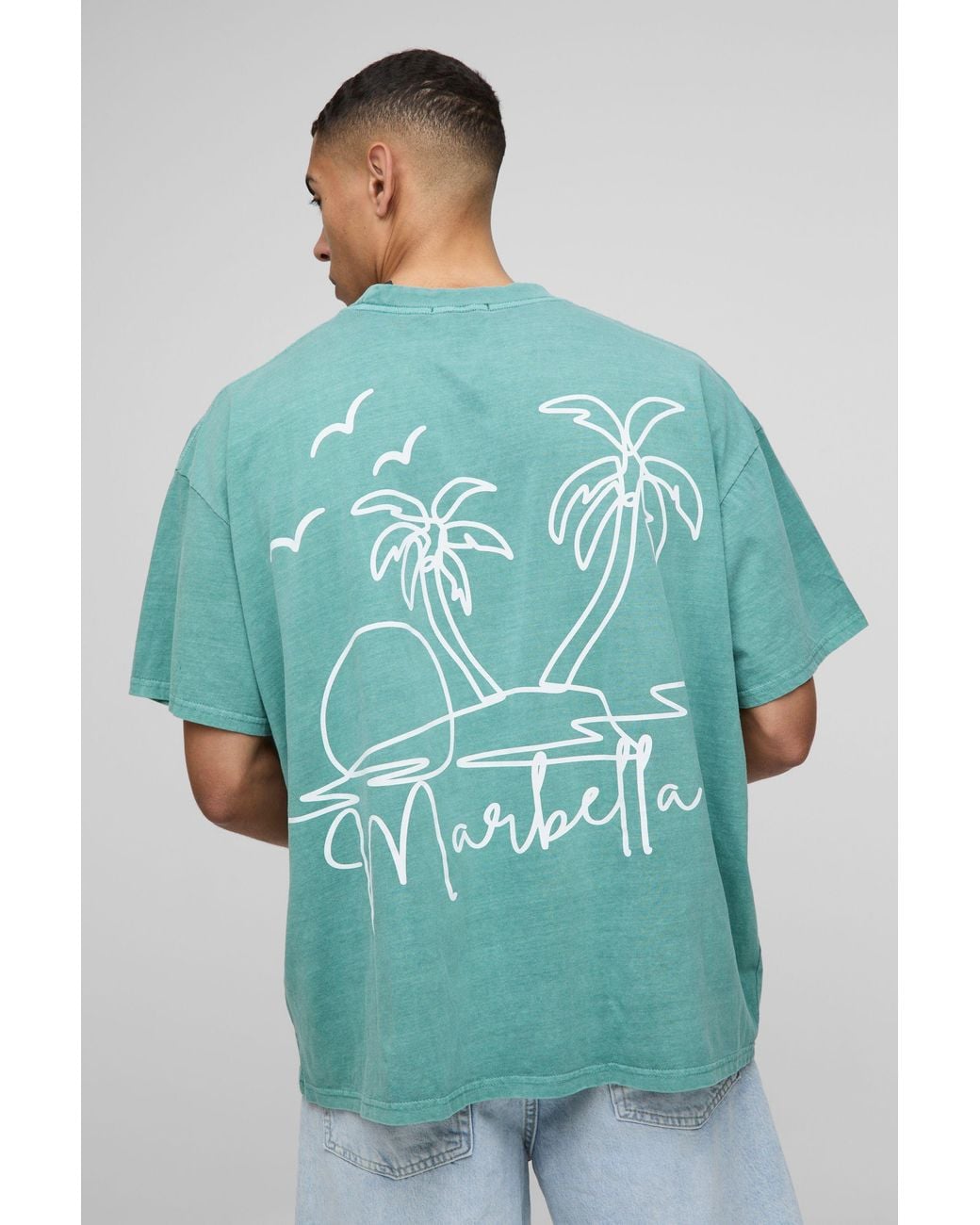 BoohooMAN Blue Oversized Extended Neck Line Drawn Marbella Graphic Washed T-shirt for men