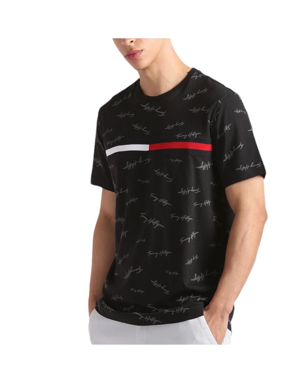 Tommy Hilfiger Black T Shirt Signature Flag Striped Tee for men