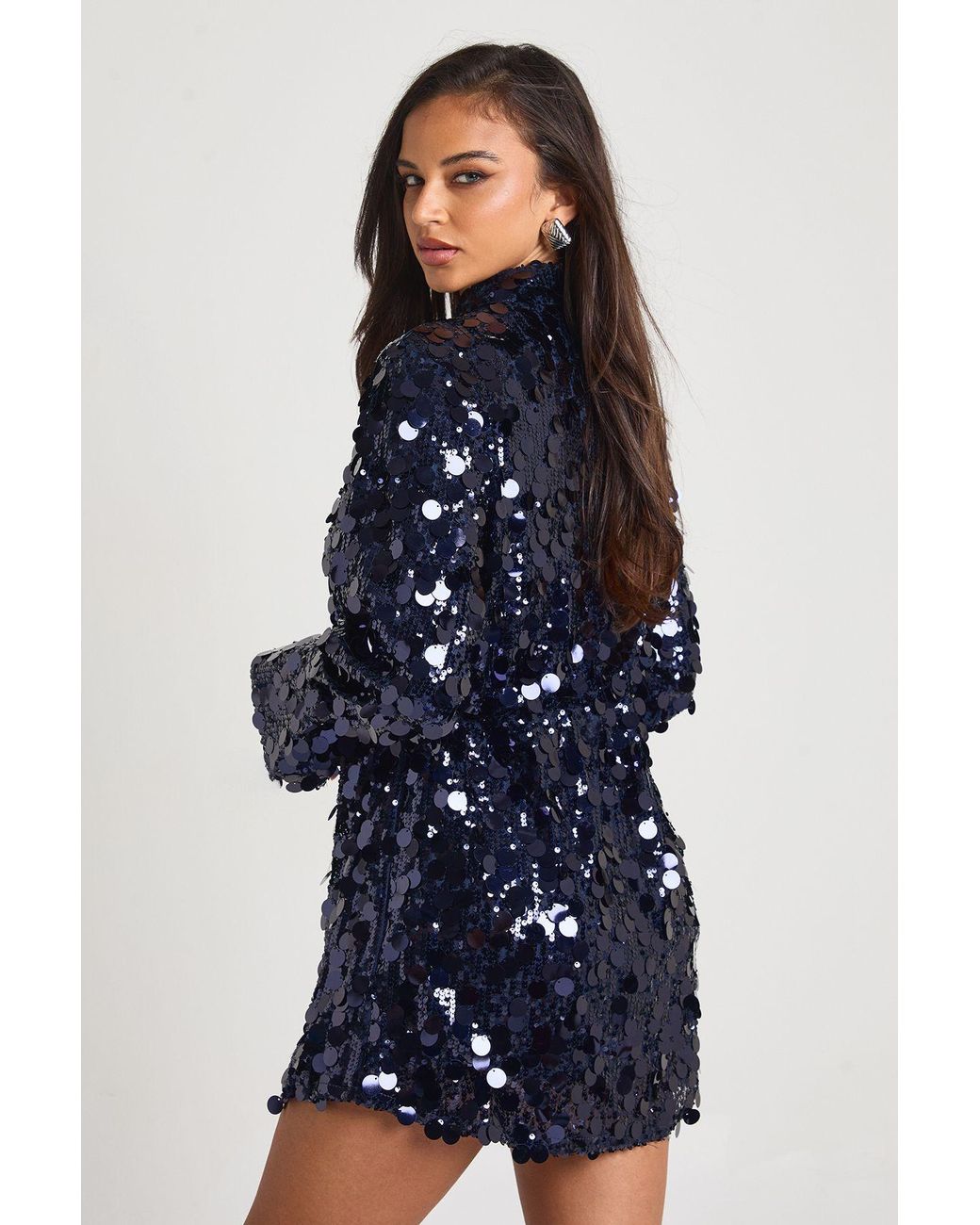 Boohoo Blue Disc Sequin Shirt Dress