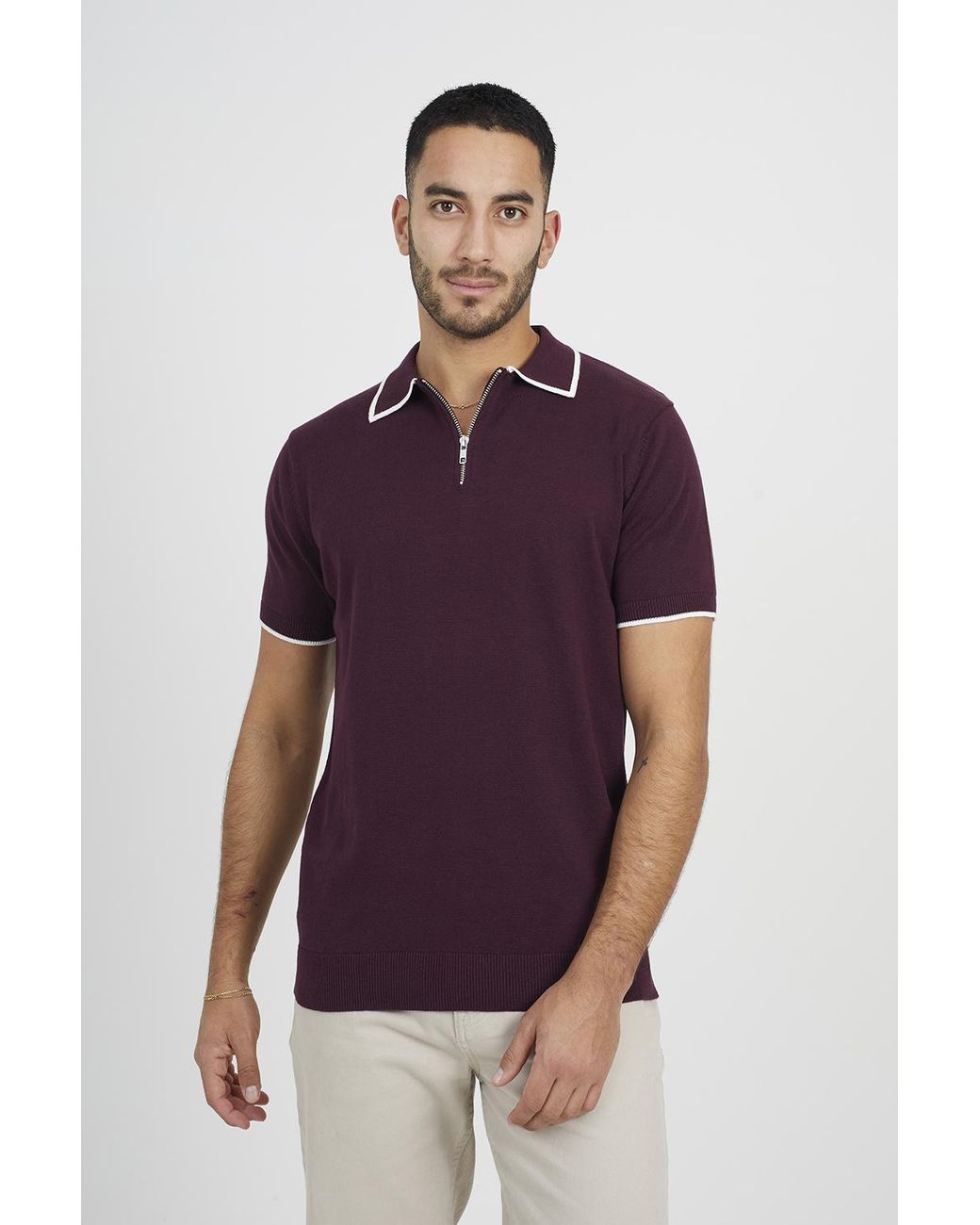 Brave Soul Purple 'Polack' Short Sleeve Knitted Polo Shirt for men