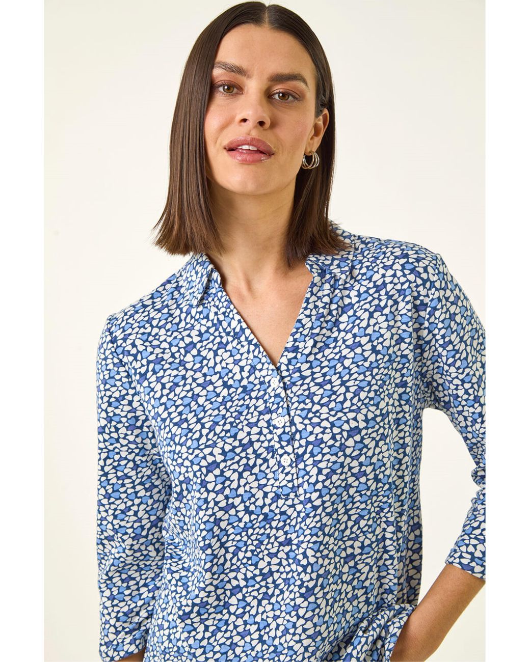 Roman Blue Heart Print Collared Top