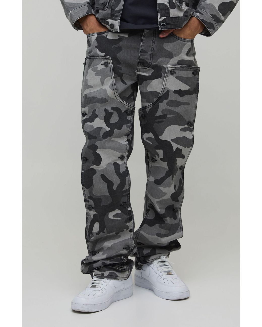 BoohooMAN Gray Camo Removable Carpenter Panel Extreme Stacked Straight Fit Jeans for men