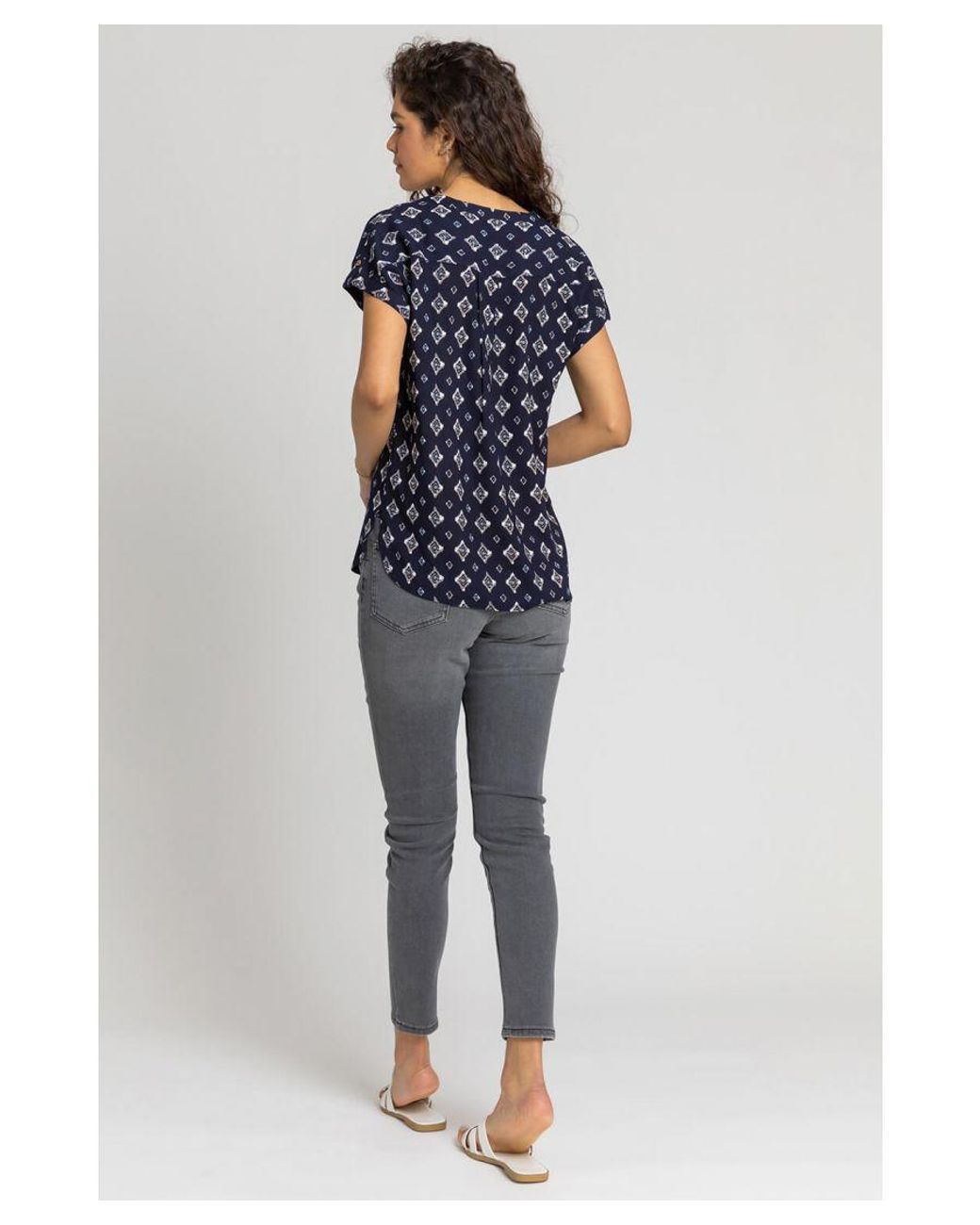Roman Blue Aztec Print Button V-Neck Detail Top