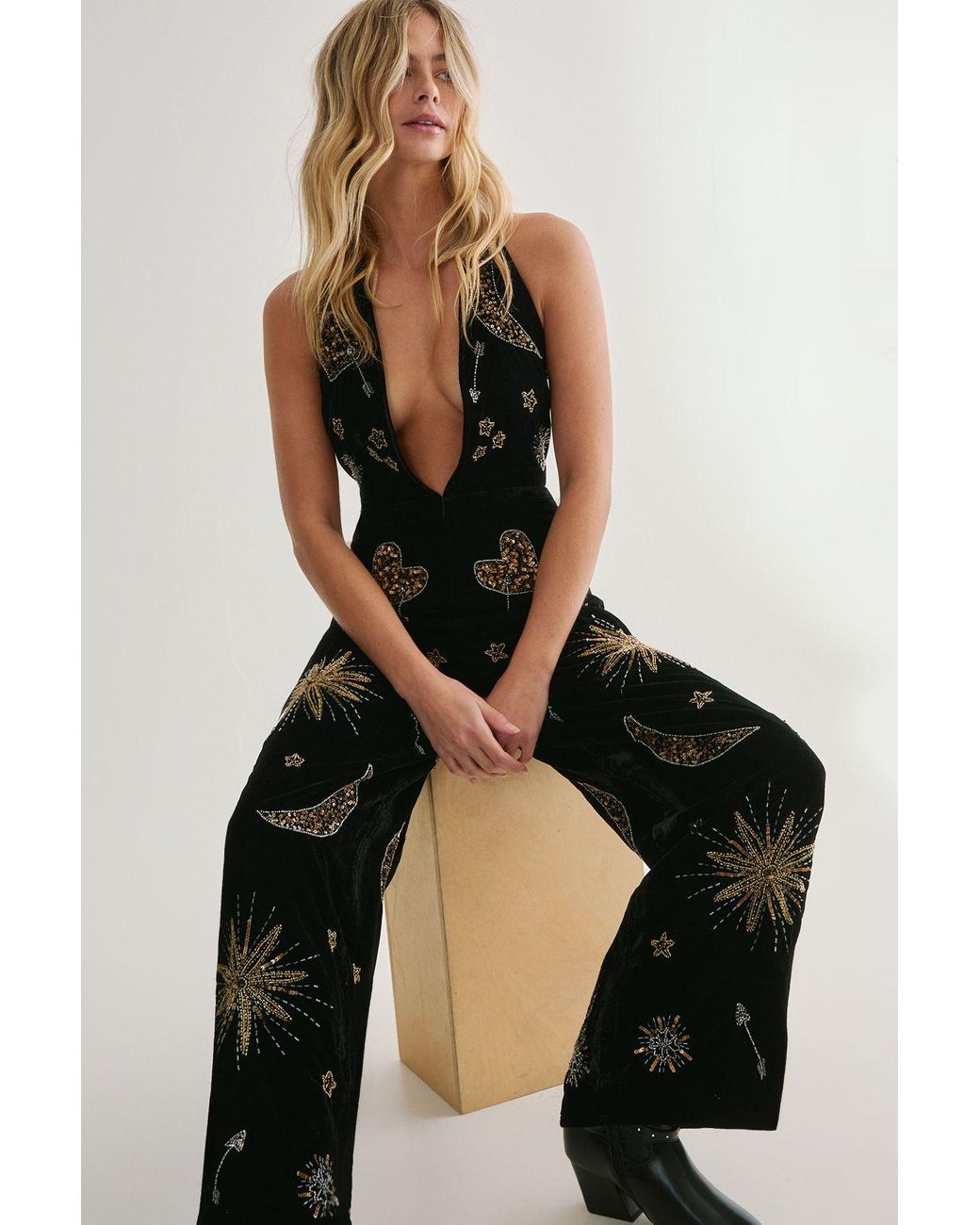 Halter Neck Nasty Gal Velvet Jumpsuit Dresses Silver Foil Velvet - Main Image