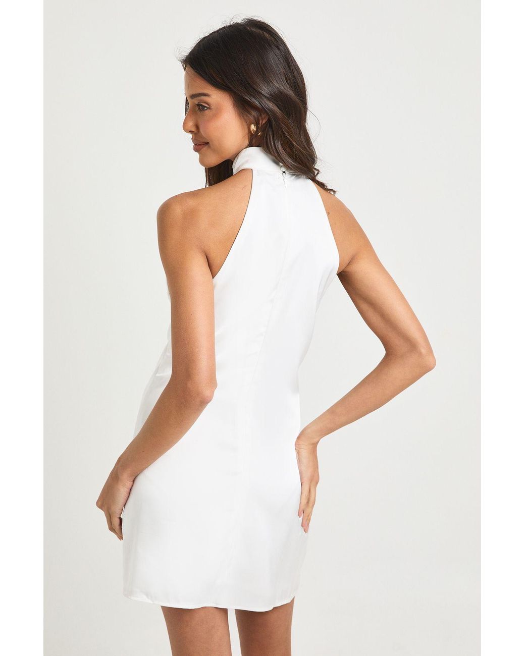 Boohoo White Satin High Neck Shift Dress