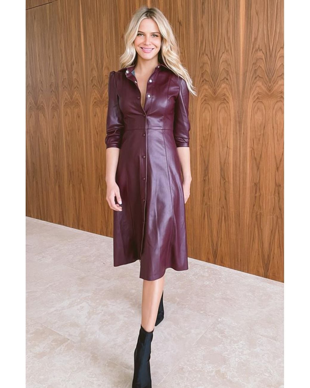 Sosandar Brown Burgundy Faux Leather Popper Front Shirt Dress