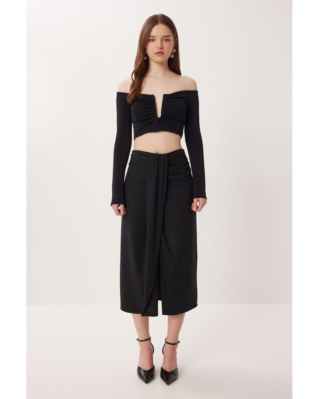 Happiness İstanbul Black High-Waist Midi Straight Skirt With Slit