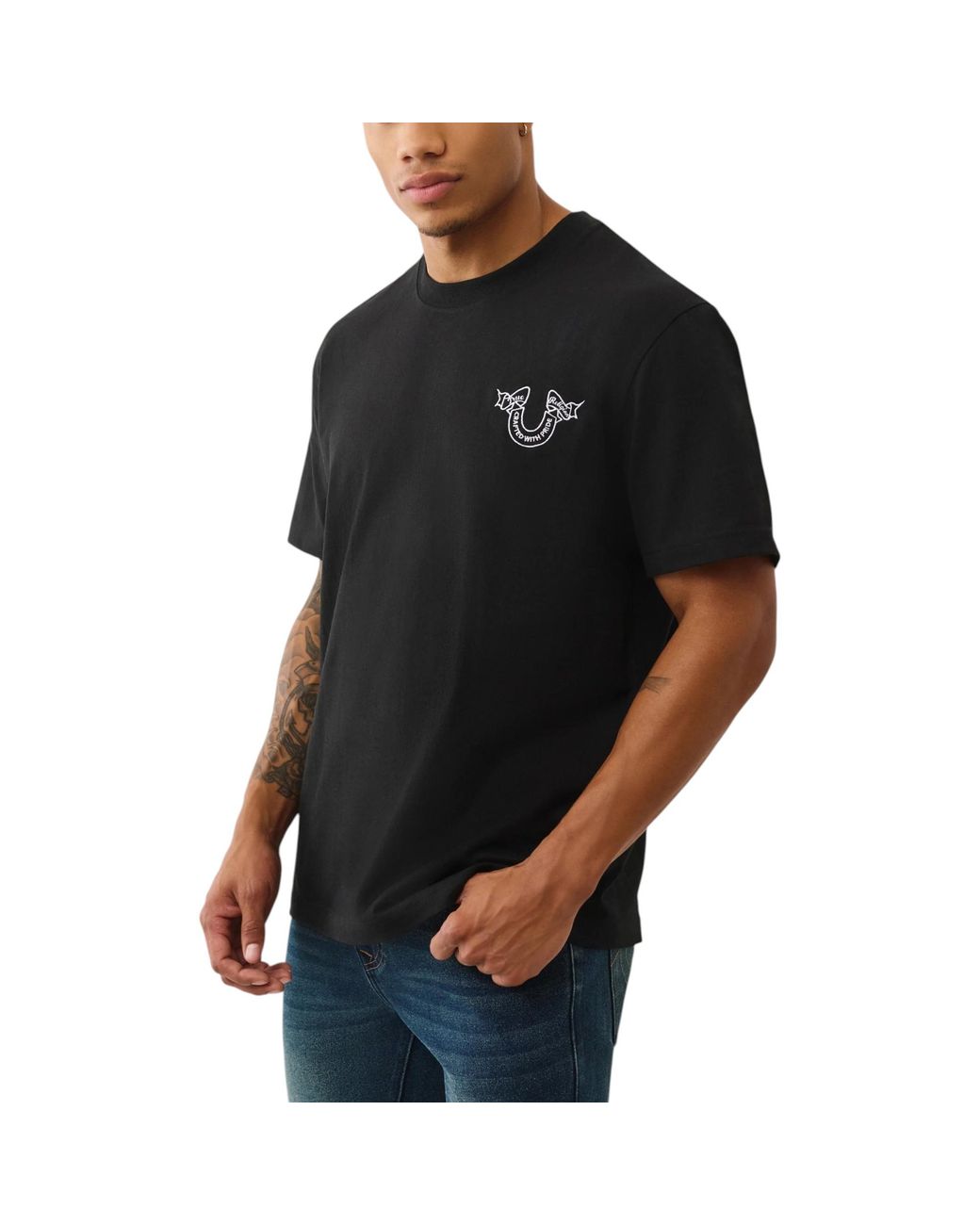 True Religion Black T Shirts Heavy Ribbon Logo Crew Neck Summer Soft Cotton Tee for men