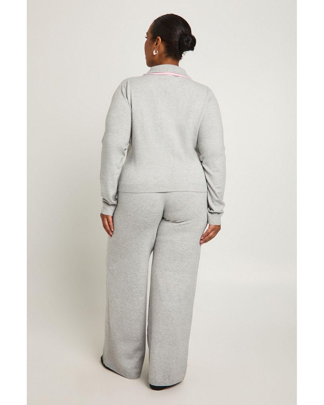 Boohoo Gray Plus Double Layer Detail Cardigan And Wide Leg Trouser Co-Ord