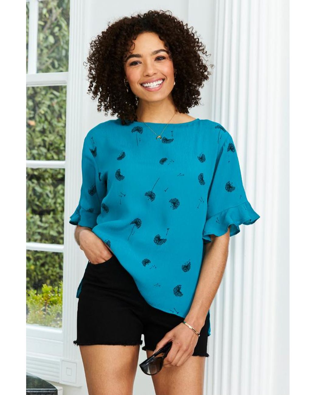 Sosandar Blue Dandelion Print Ruffle Detail Top