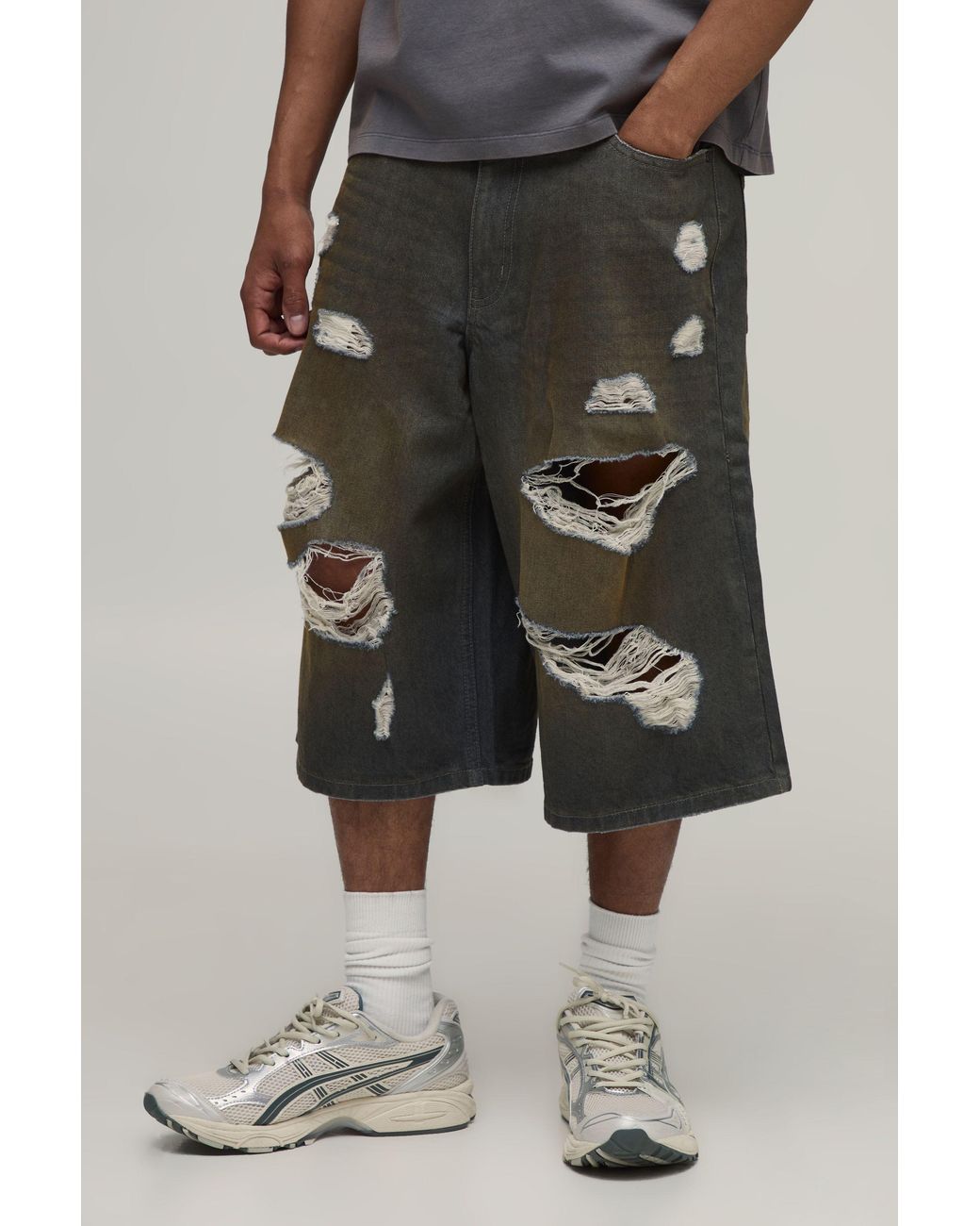 BoohooMAN Gray Tinted Extreme Ripped Longline Jorts for men