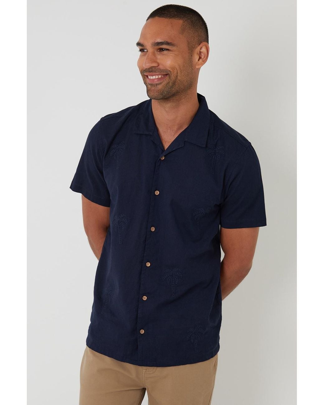 Threadbare Blue Linen Blend Palm Embroidered Short Sleeve Shirt for men