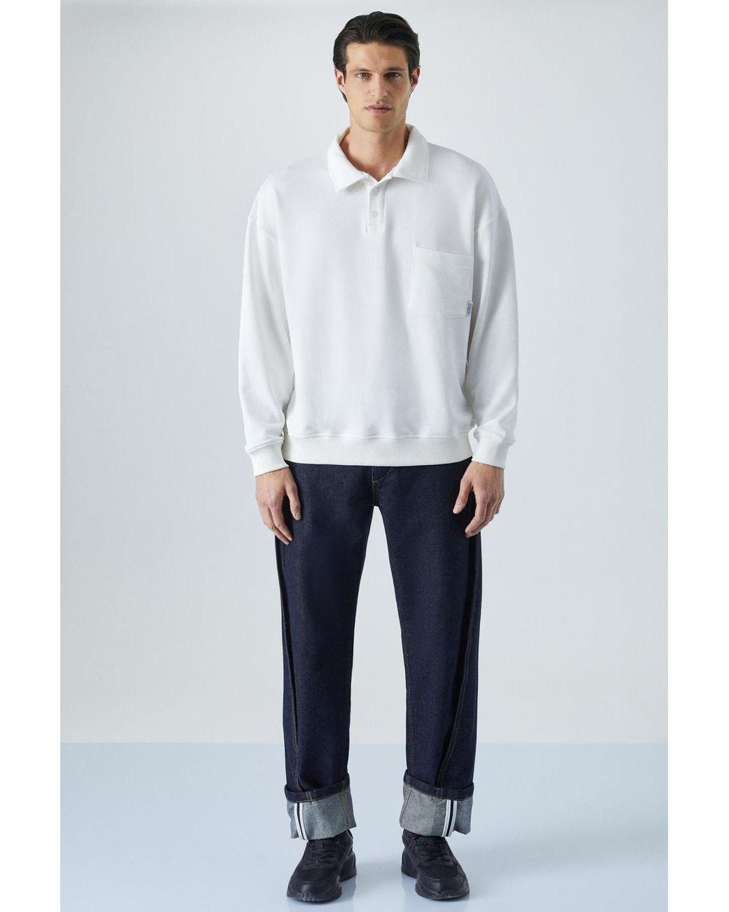 Grimelange White Polo Collar Button Sweatshirt for men