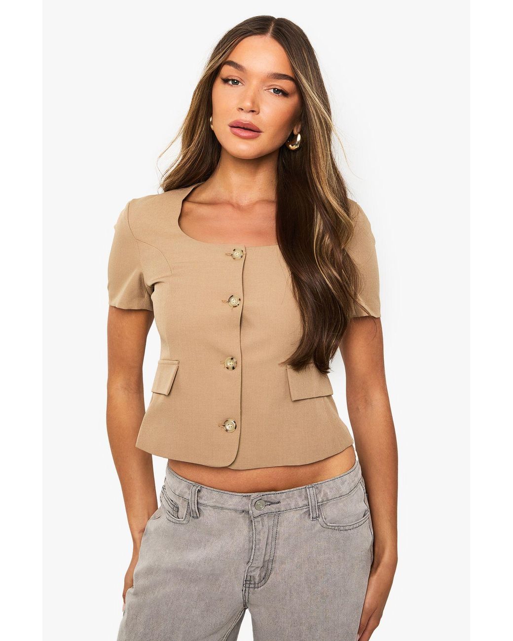 Boohoo Natural Short Sleeve Button Down Tailored Top