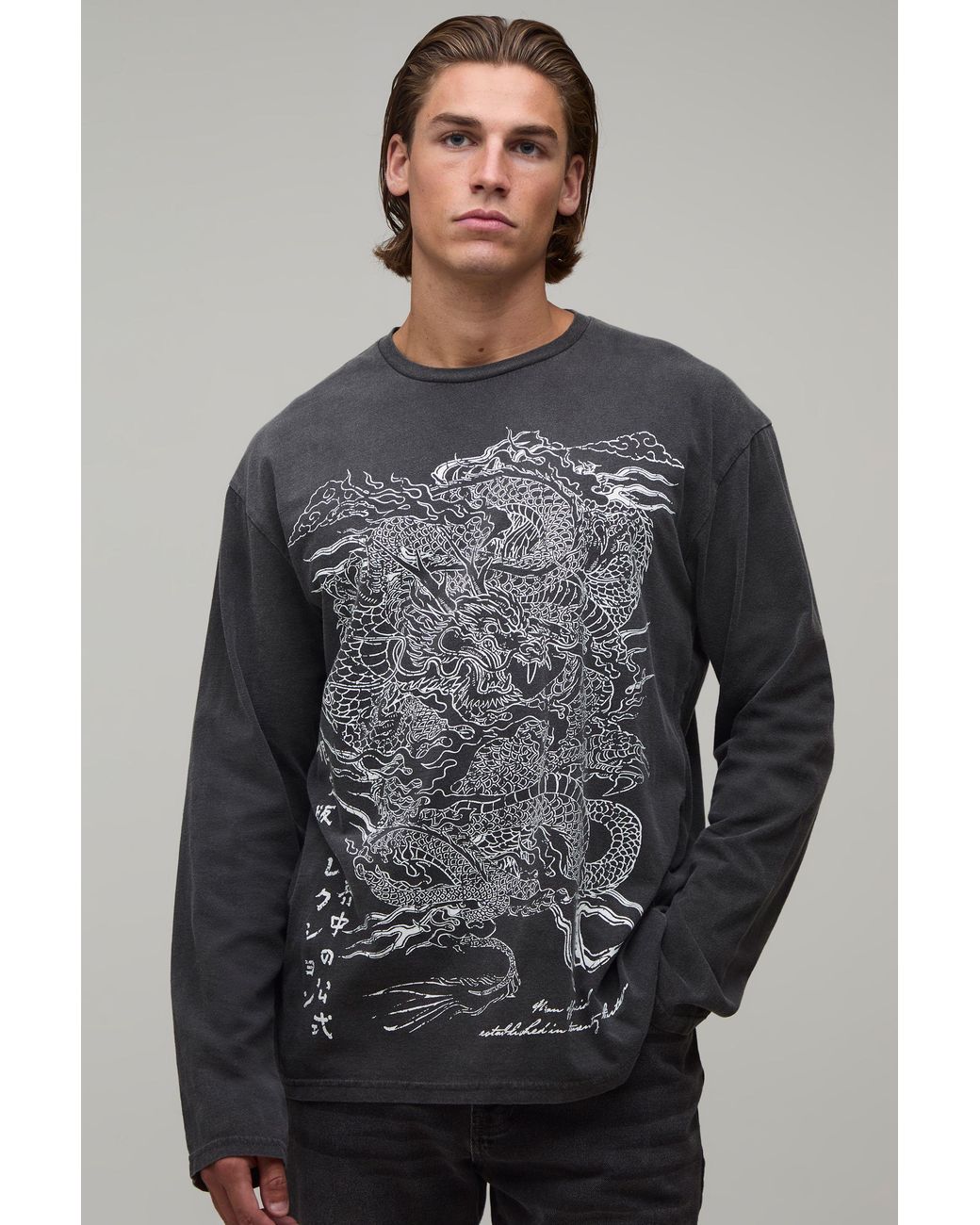 BoohooMAN Gray Oversized Dragon Print Washed Long Sleeve T-Shirt for men