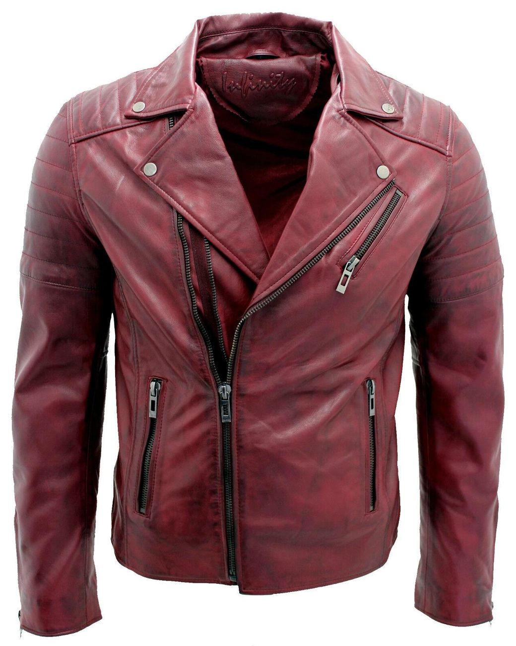 Infinity Leather Red Slim Fit Brando Style Cross Zip Biker Jacket for men