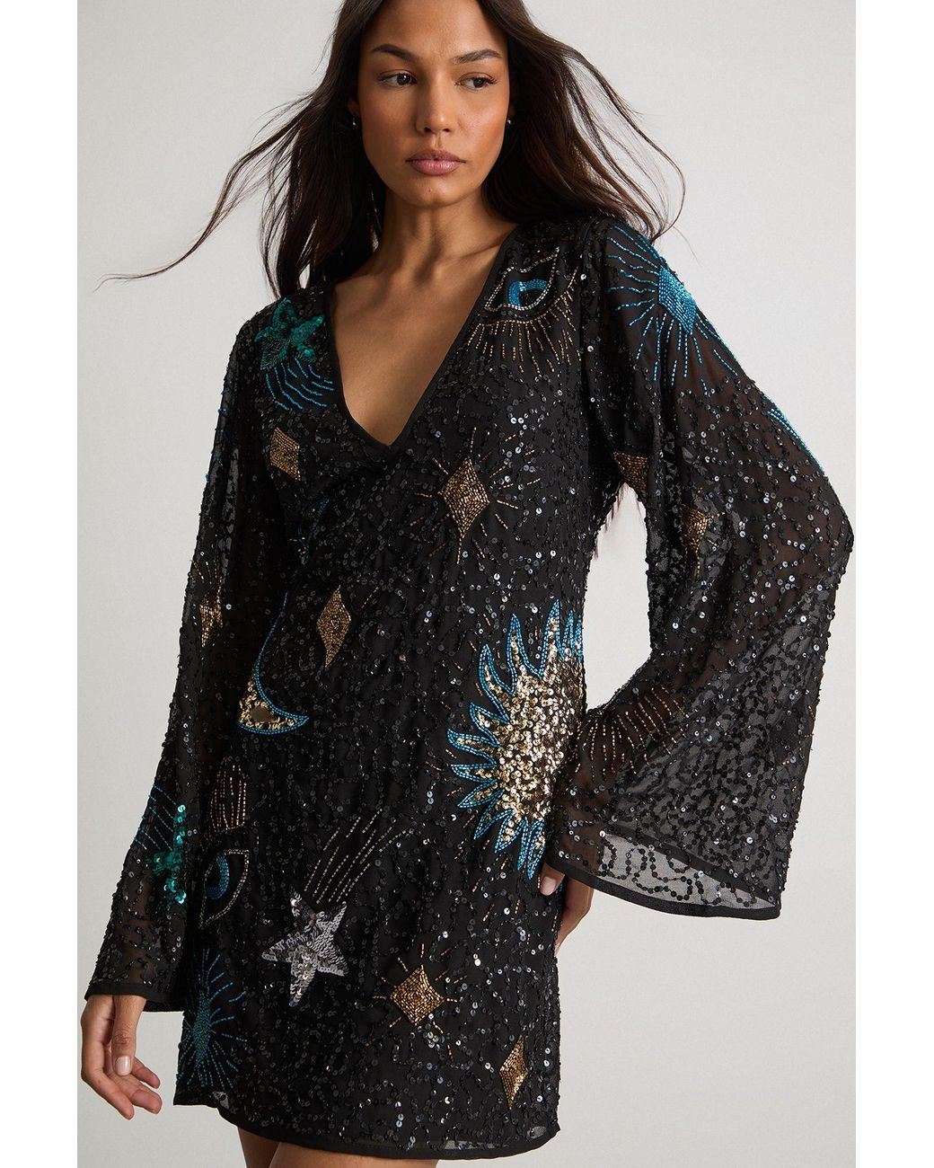 Warehouse Black Celestial Sequin Embellished Mini Dress