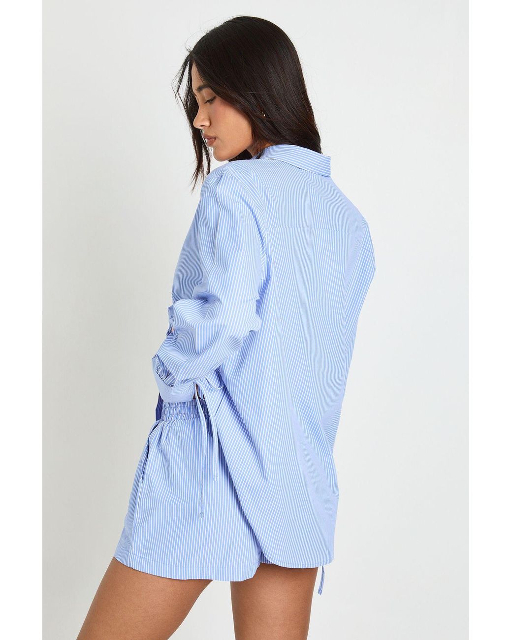 Boohoo Blue Stripe Tie Cuff Shirt & Short Co-Ord