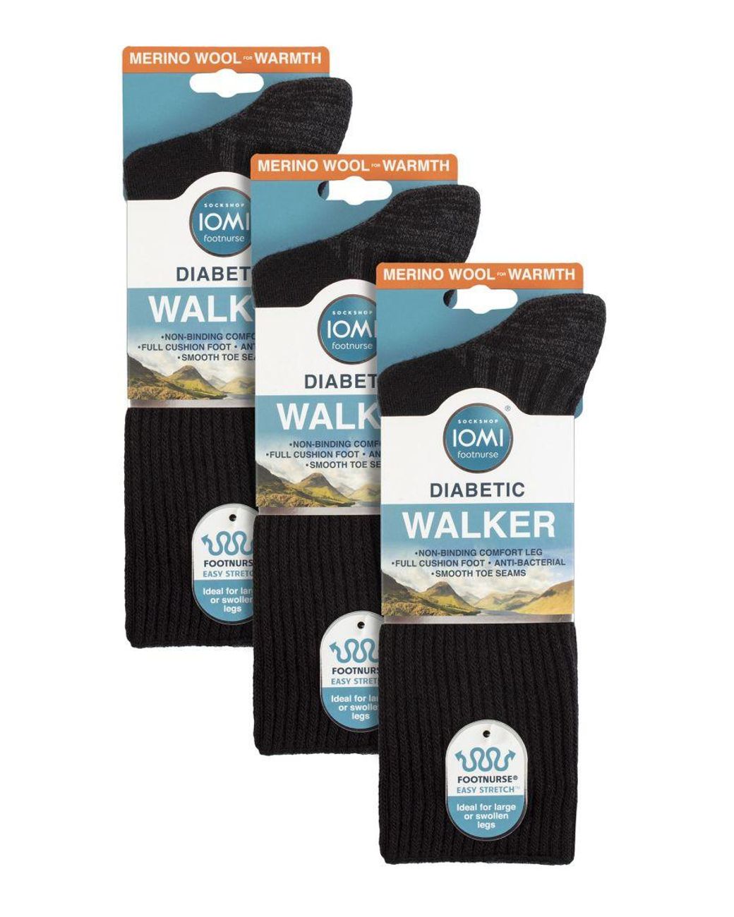 IOMI Black 3 Pack Diabetic Walking Socks For for men