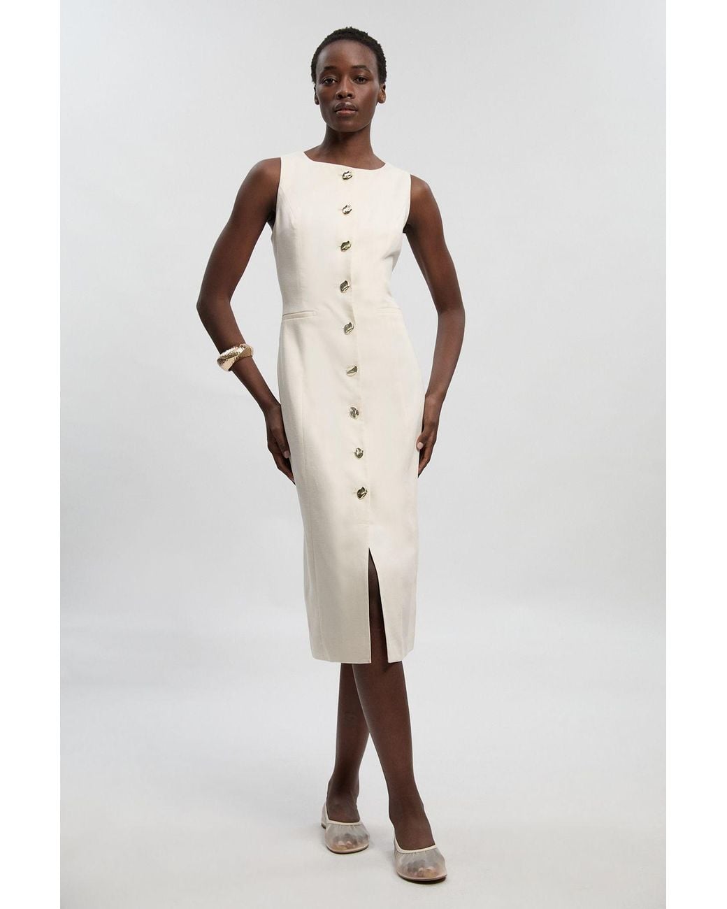 Karen Millen White Tailored Linen Statement Button Front Pencil Midi Dress