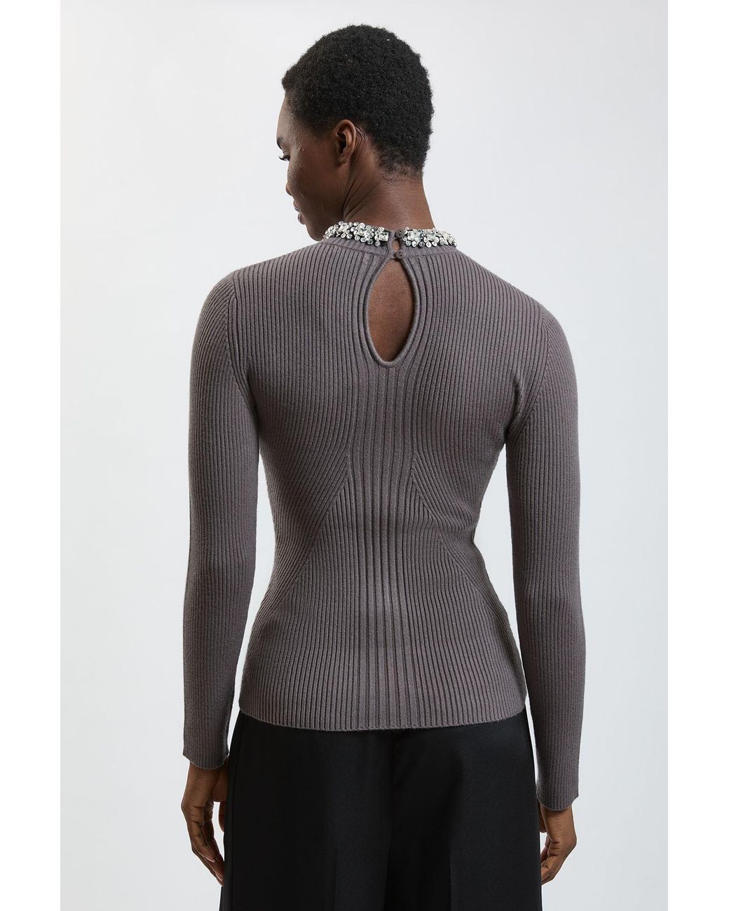 Karen Millen Gray Crystal Neck Trim Viscose Ribbed Jumper With Peplum Detail
