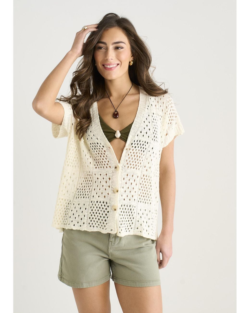 Gini London Natural Crochet Button Front Cardigan