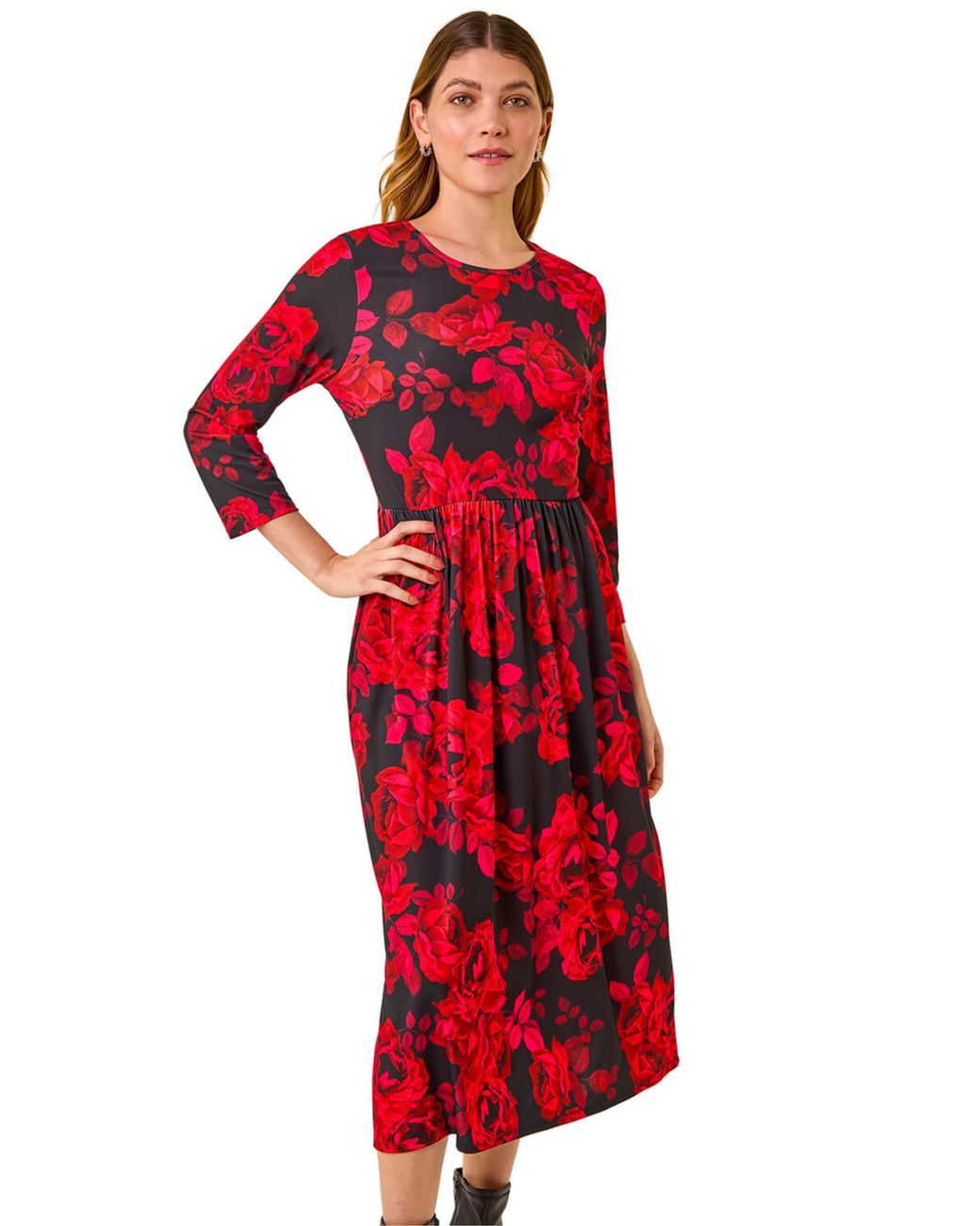 Roman Rose Print Gathered Stretch Midi Dress