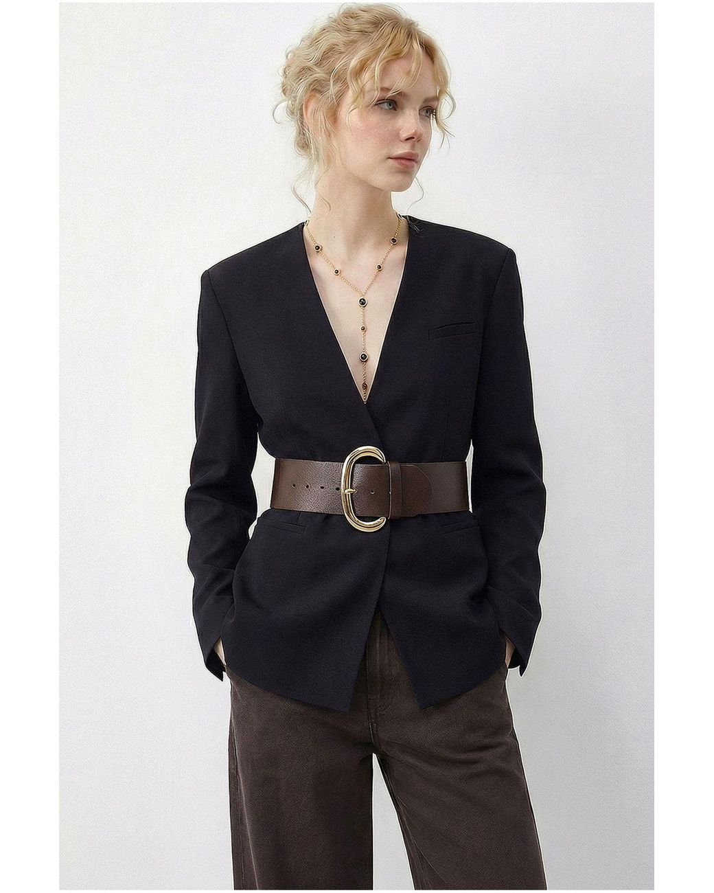 Bianco Lucci Blue Belted V-Neck Blazer Jacket