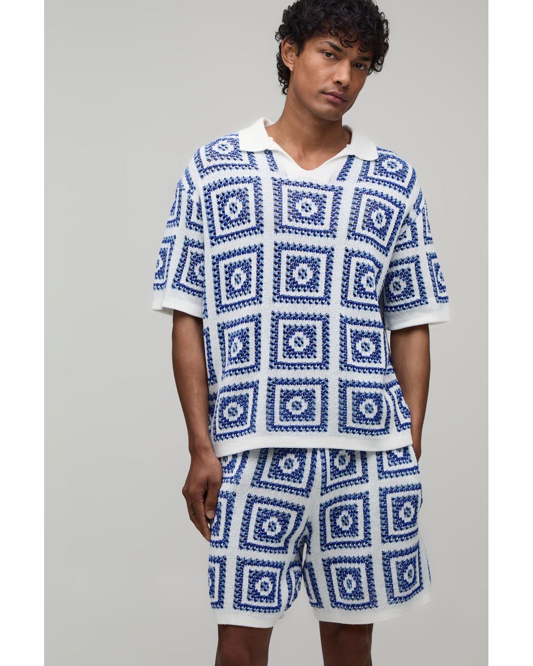 BoohooMAN Blue Oversized Boxy Crochet Patch Knitted Polo And Short Set for men