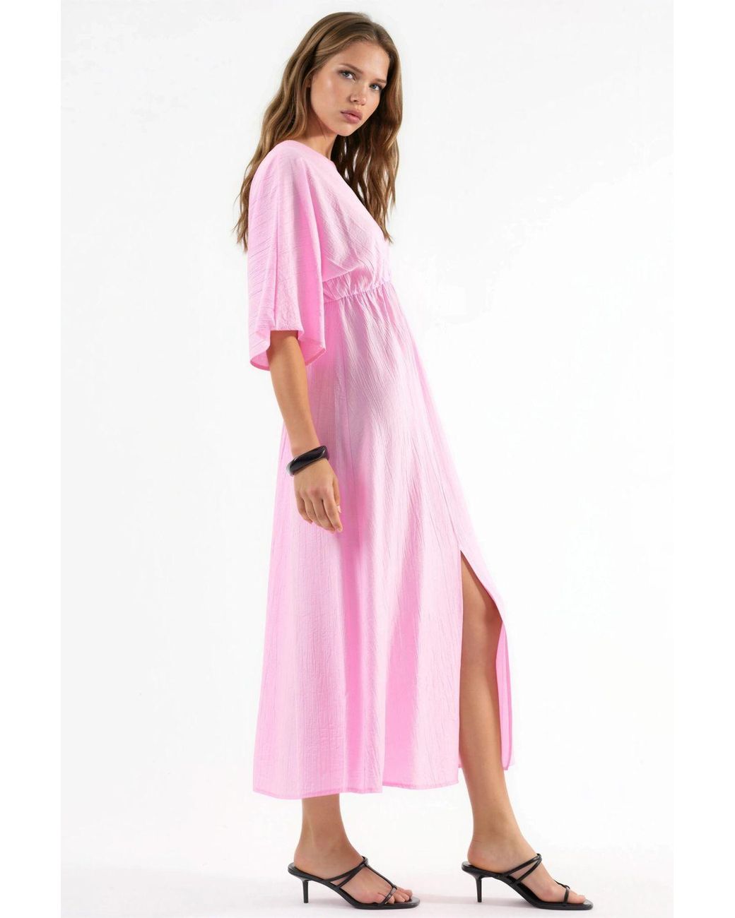 Busem Pink V-Neck Midi Wrap Dress With Three Quarter Sleeves