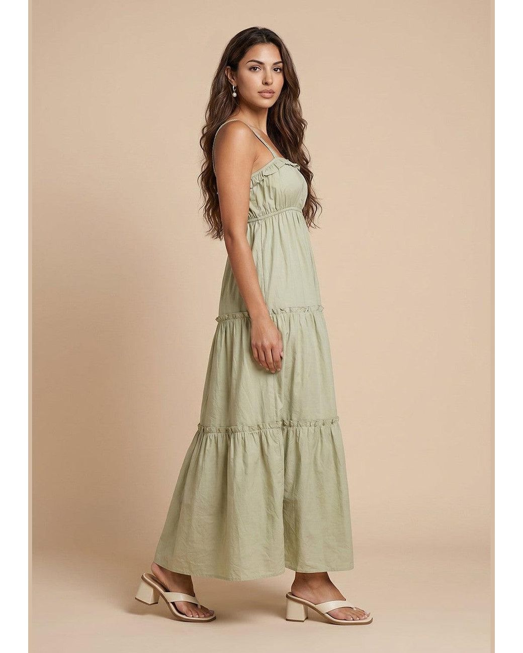 Urban Bliss Natural Sage Ruched Tiered Maxi Dress