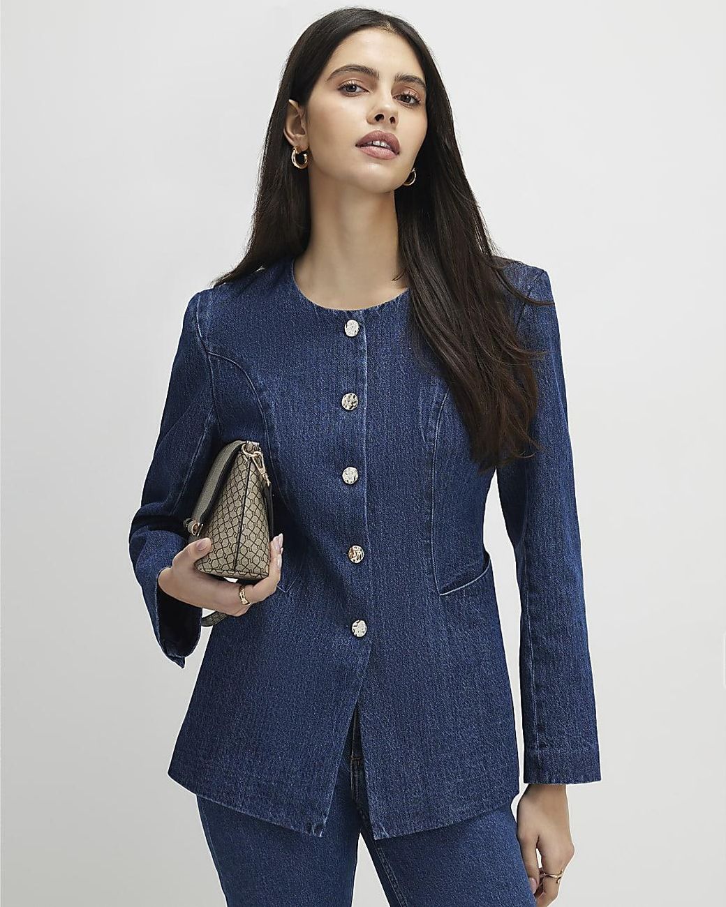 River Island Blue Trophy Jacket Denim Collarless Cotton