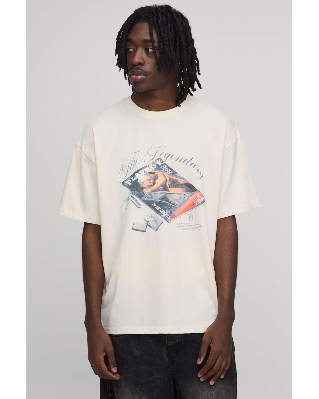 BoohooMAN Natural Oversized The Legendary Playboy Printed License T-Shirt for men