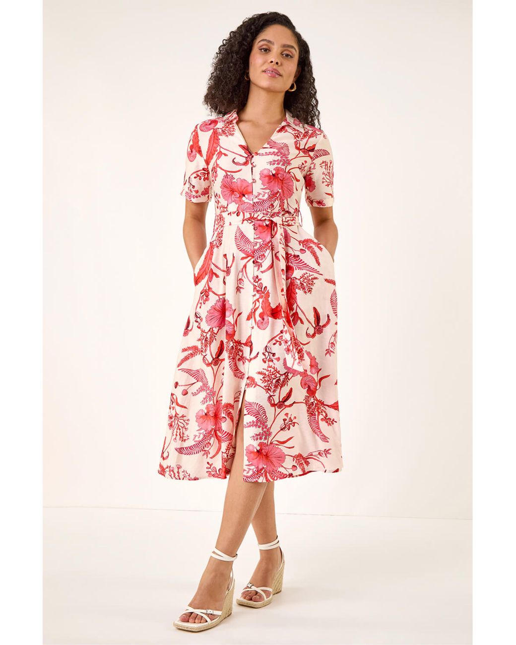 Roman Red Floral Tie Waist Shirt Dress