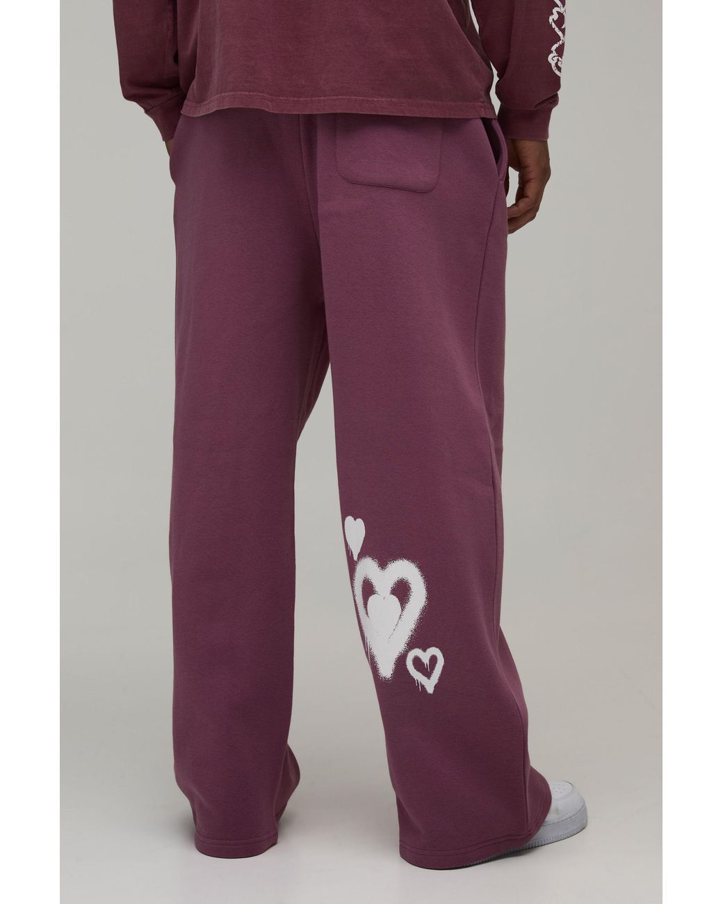 BoohooMAN Purple Wide Leg Drop Crotch Heart Printed Jogger for men