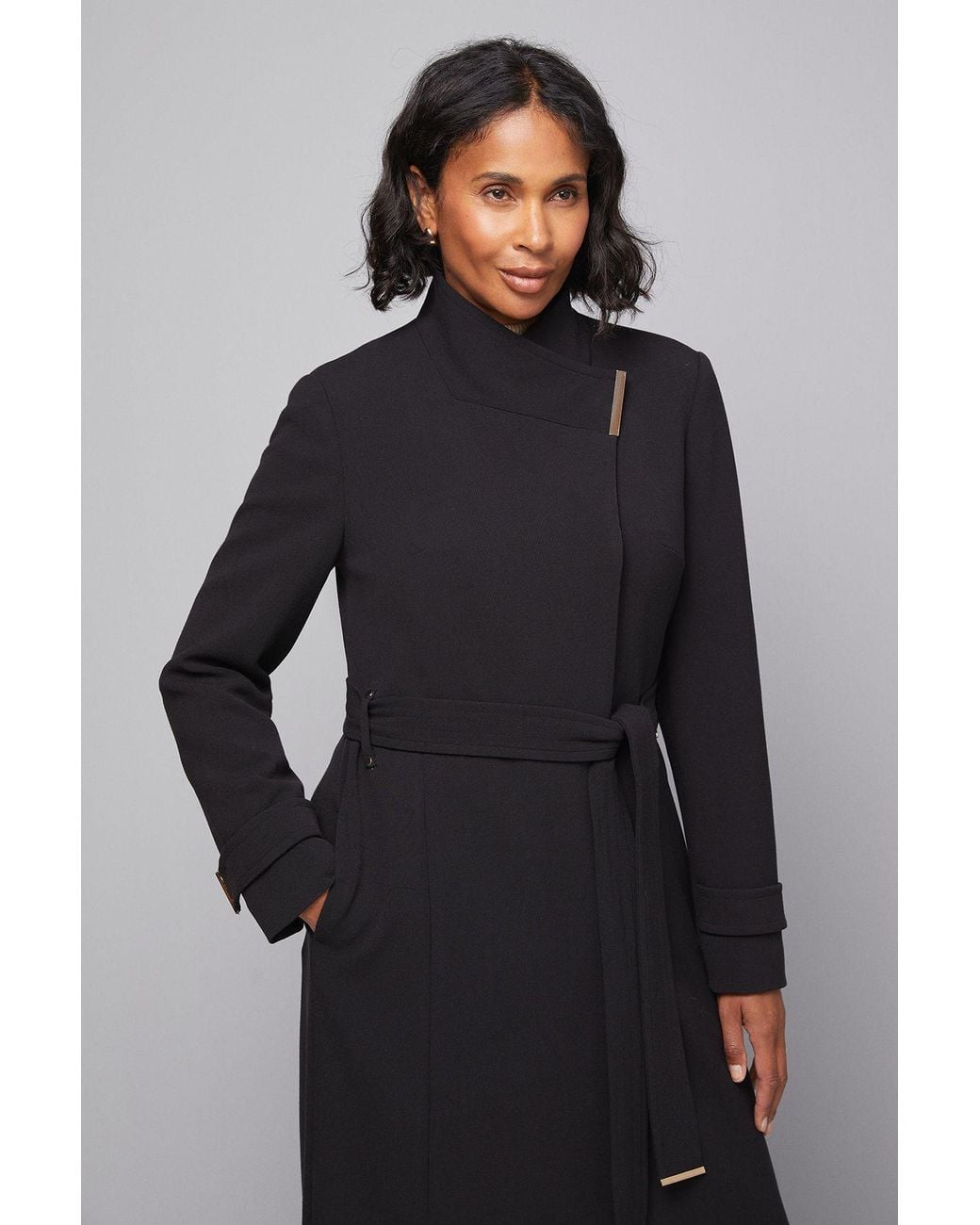 Wallis Black Double Crepe Wrap Belted Coat