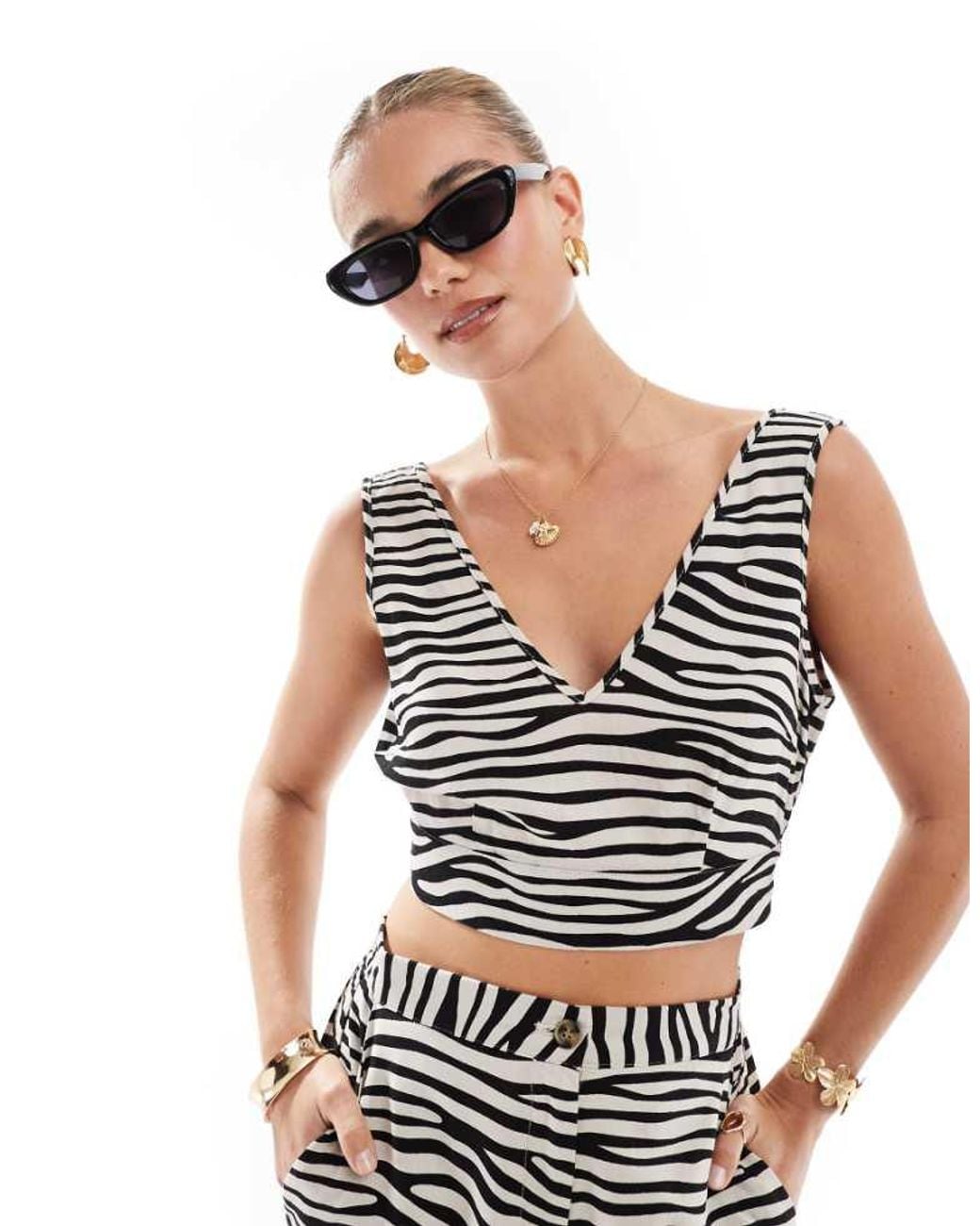 Vero Moda Black Linen Touch Cropped Tie Back Top Co-ord