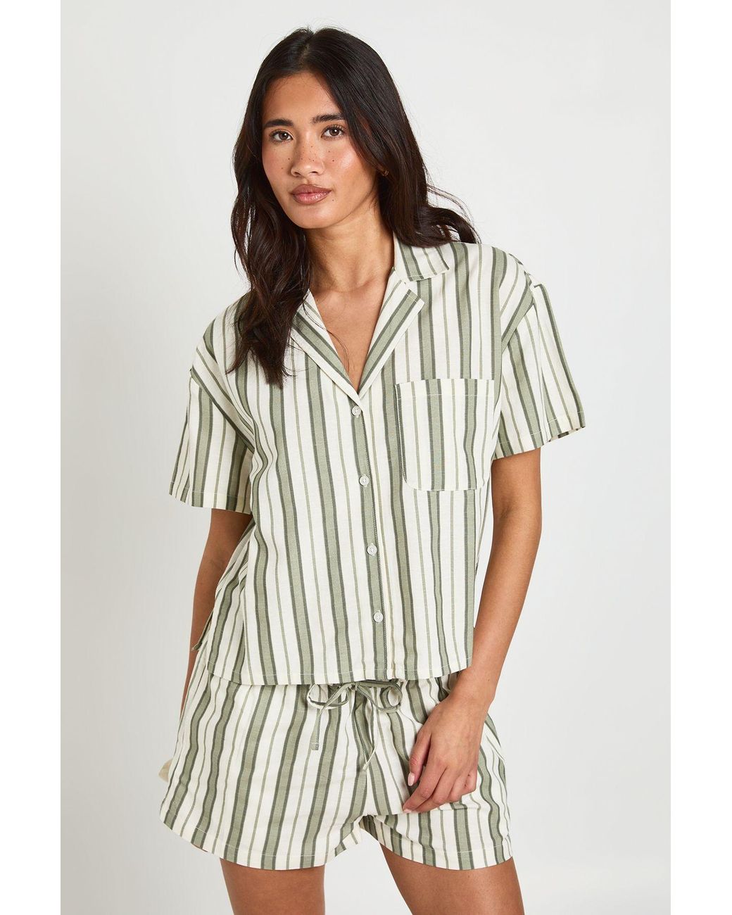 Boohoo Green Premium Linen Stripe Short Sleeve Shirt