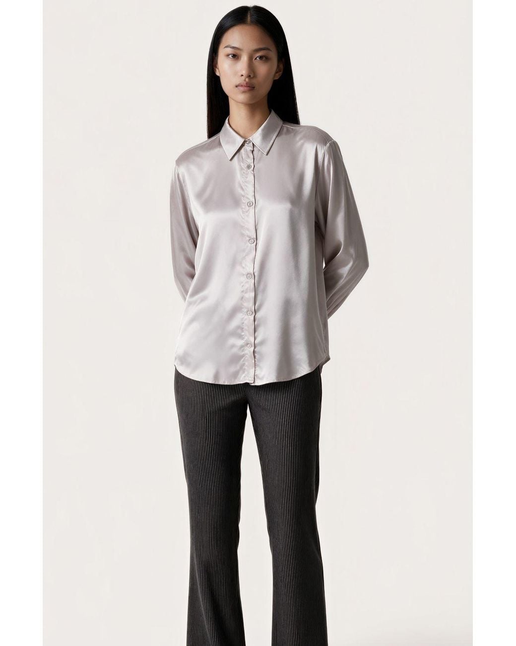 Msn-Collection Gray Solid Woven Shirt-Collar T-Shirt