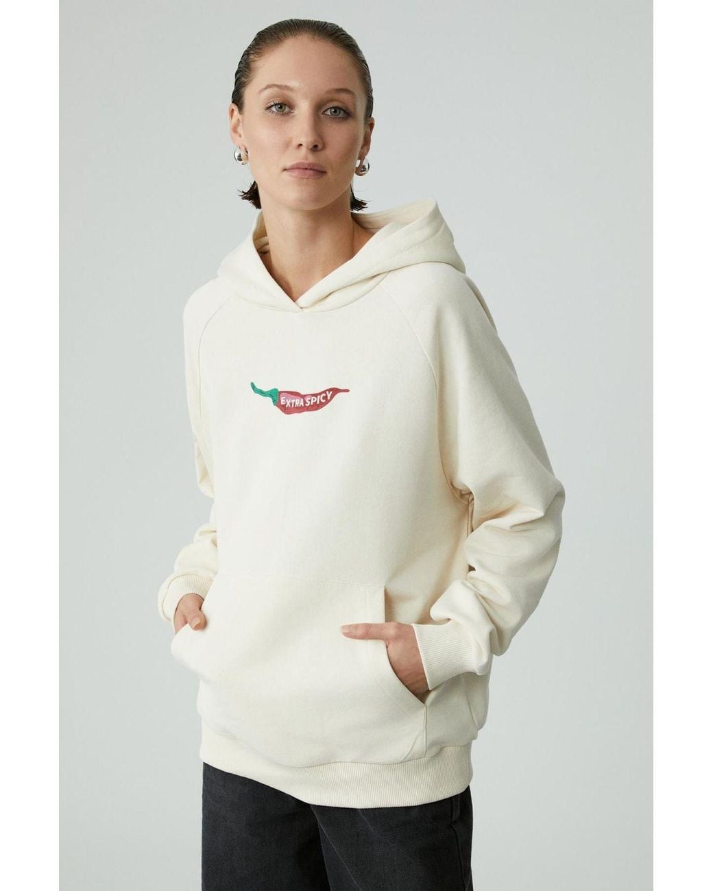 Grimelange Natural Oversized Printed Hooded Sweatshirt
